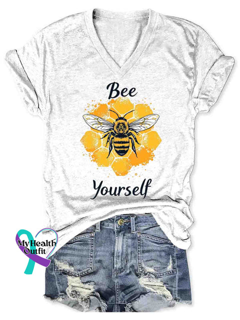 Bee Yourself Art V-neck Casual T-Shirt White / S