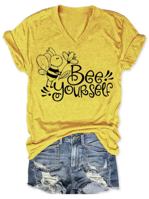 Bee Yourself Art V-neck Casual T-Shirt Yellow / S
