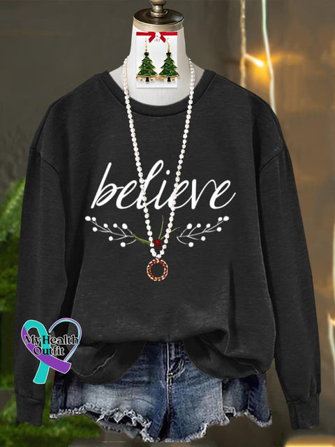 Believe Merry Christmas Art Print Casual Sweatshirt Black / S