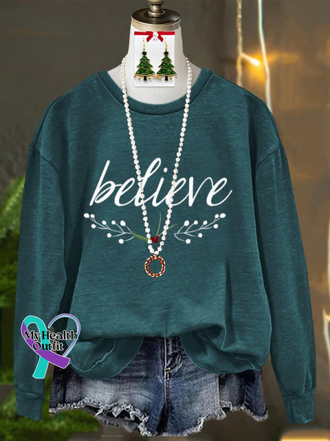 Believe Merry Christmas Art Print Casual Sweatshirt Bluegreen / S