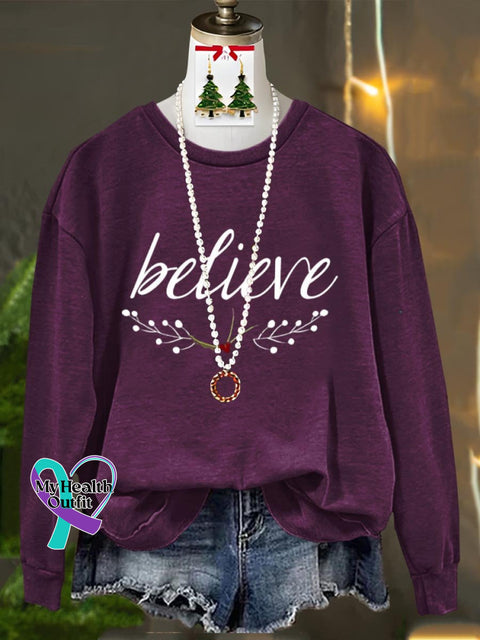 Believe Merry Christmas Art Print Casual Sweatshirt Burgundy / S