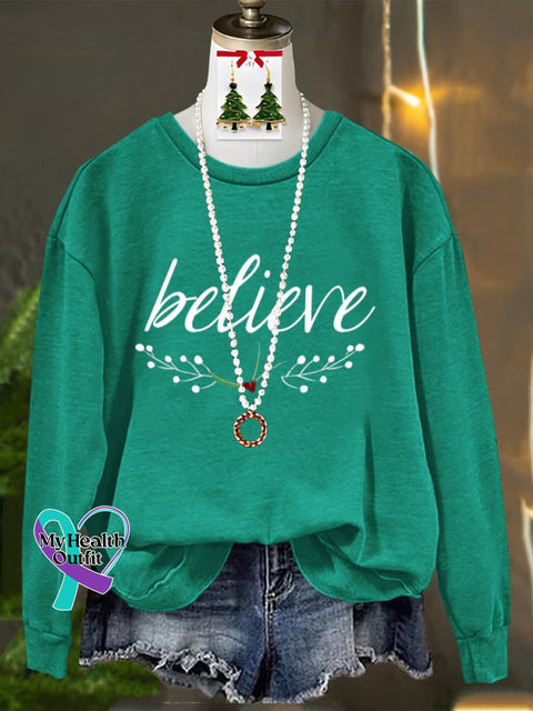 Believe Merry Christmas Art Print Casual Sweatshirt Christmasgreen / S