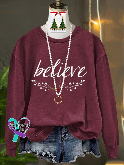 Believe Merry Christmas Art Print Casual Sweatshirt Maroon / S