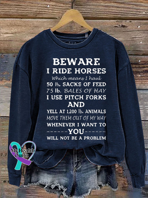 Beware I Ride Horse Letter Print Casual Sweatshirt Navy Blue / S