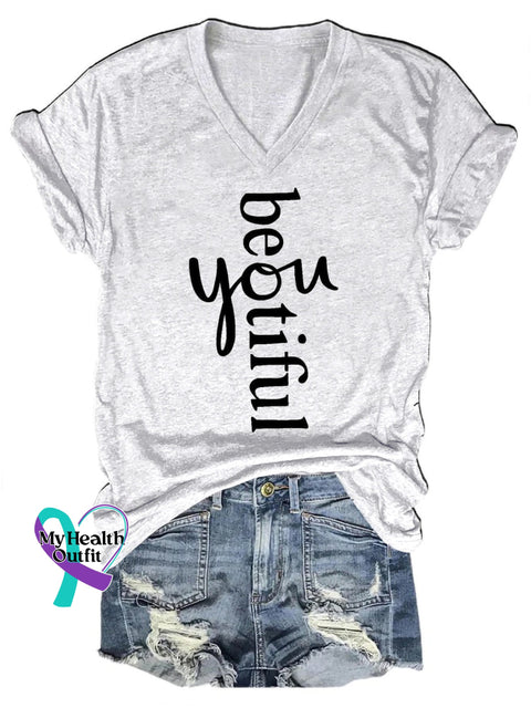 Beyoutiful Printed Casual V-Neck Short Sleeve T-Shirt White / S