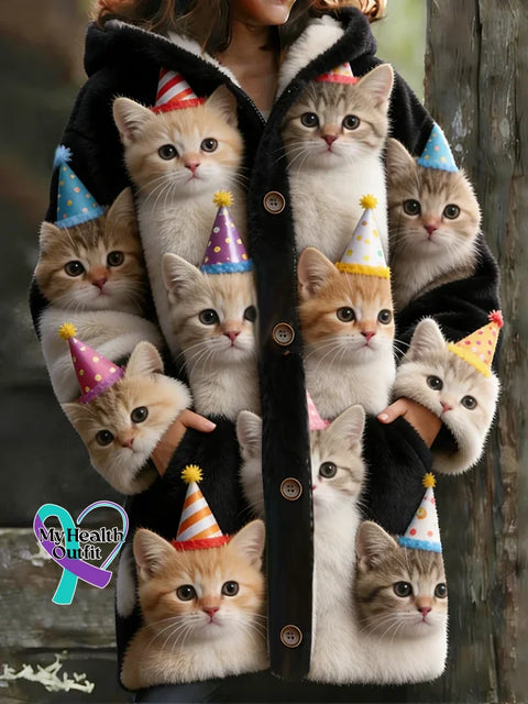 Birthday Cat Cozy Hooded Cardigan Multicolor / S