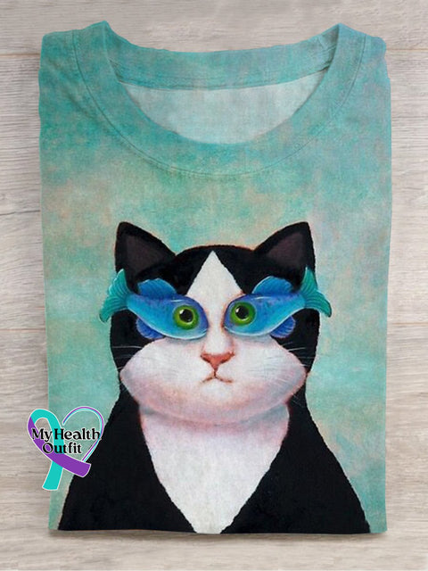 Black And White Cats Fish Print T-Shirt Multicolor / S