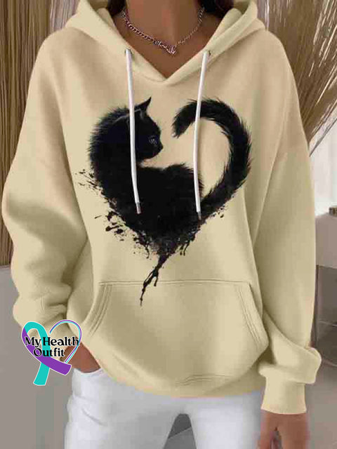 Black Cat Heart Art Casual Hoodie Sweatshirt Apricot / S