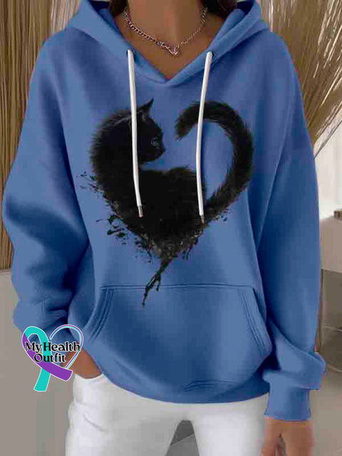 Black Cat Heart Art Casual Hoodie Sweatshirt Blue / S