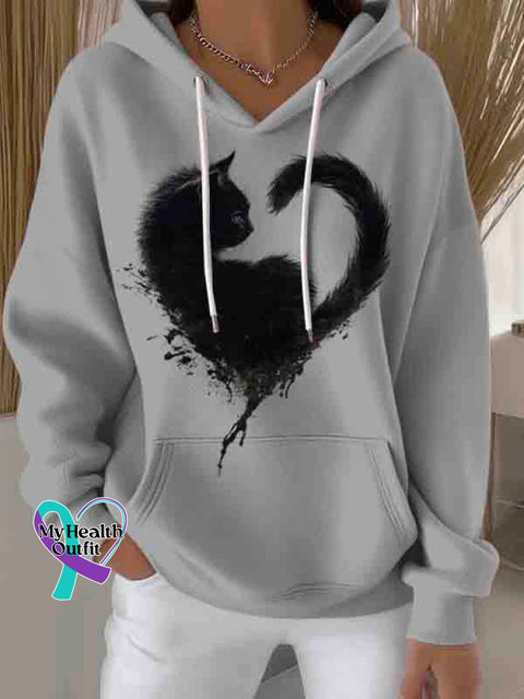 Black Cat Heart Art Casual Hoodie Sweatshirt Grey / S