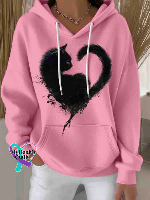 Black Cat Heart Art Casual Hoodie Sweatshirt Pink / S