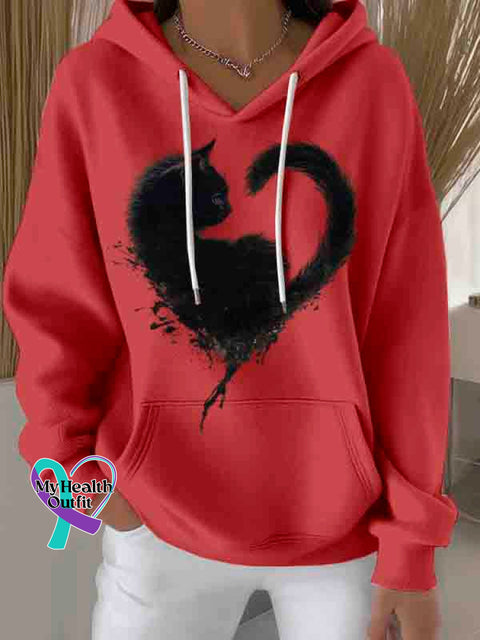 Black Cat Heart Art Casual Hoodie Sweatshirt Red / S