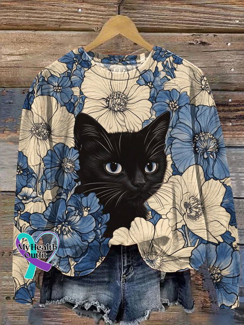 Black Cat In The Flowers Art Print Casual Sweatshirt Multicolor / S