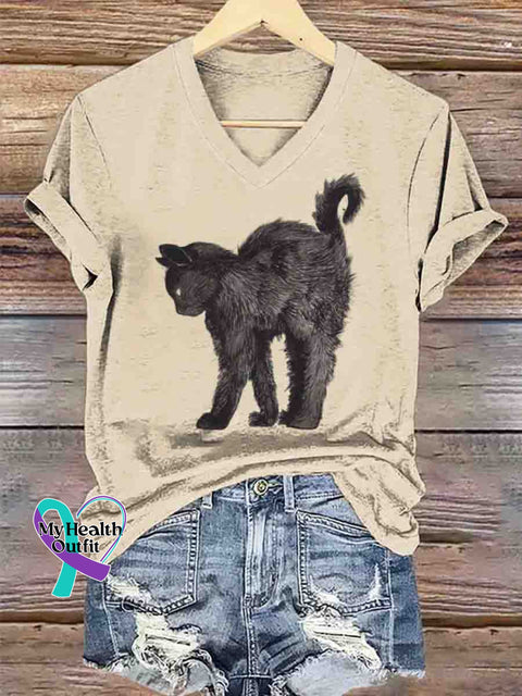 Black Cat V-neck Casual T-Shirt Apricot / S