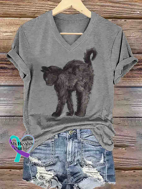Black Cat V-neck Casual T-Shirt Gray / S