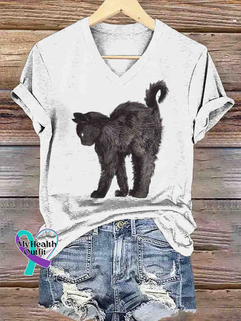 Black Cat V-neck Casual T-Shirt White / S