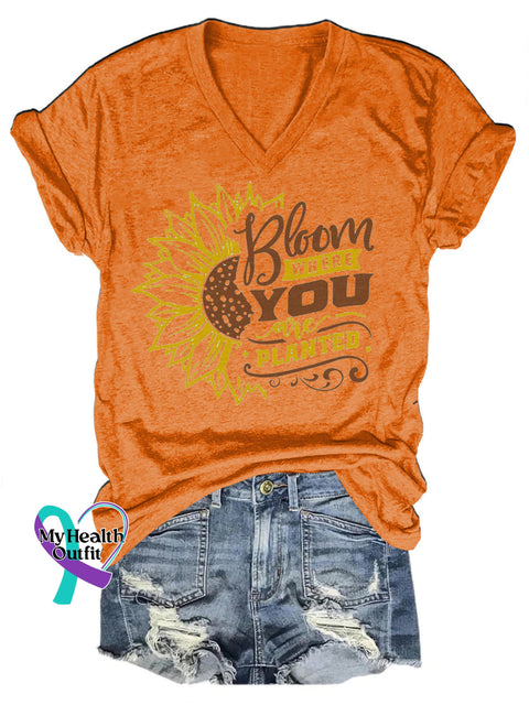 Bloom Where You Are Planted Casual V-Neck Short Sleeve T-Shirt Orange / S