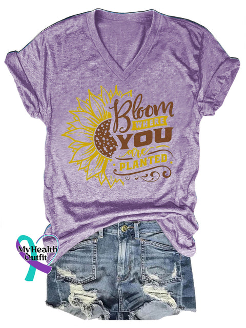 Bloom Where You Are Planted Casual V-Neck Short Sleeve T-Shirt Purple / S