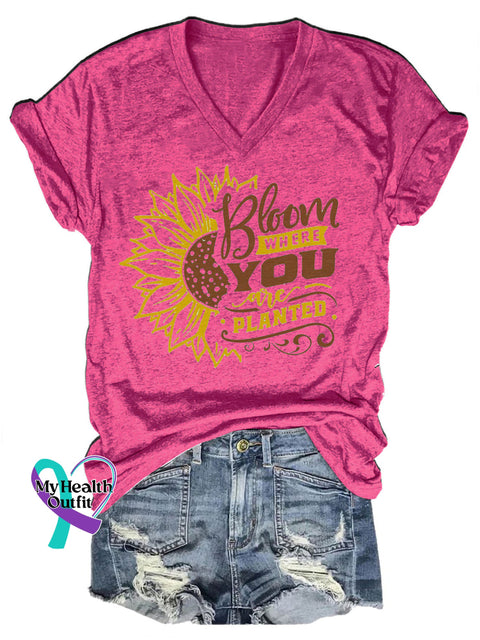 Bloom Where You Are Planted Casual V-Neck Short Sleeve T-Shirt RoseRed / S