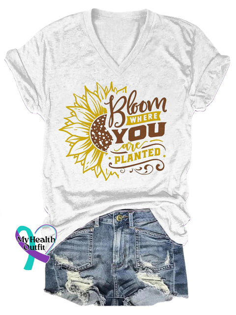 Bloom Where You Are Planted Casual V-Neck Short Sleeve T-Shirt White / S