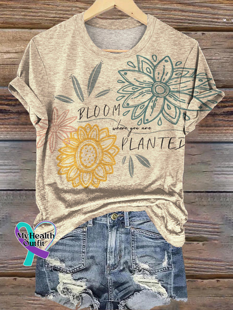 Bloom Where You Are Planted Printed Casual Round Neck Short Sleeve T-Shirt Multicolor / S