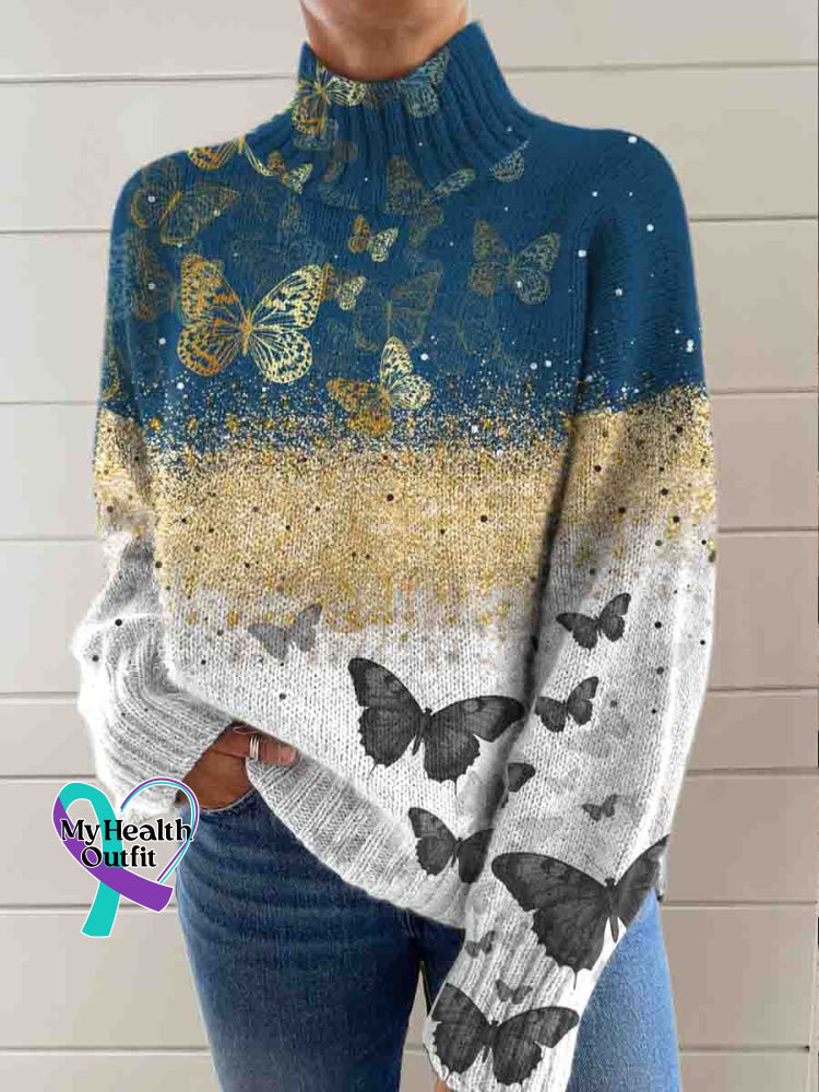 Blue And Gold Butterfly Art Print Knit Turtleneck Pullover Sweater Multicolor / S