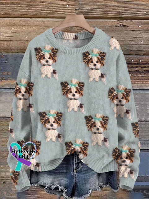 Blue Cute Dog Print Knit Pullover Sweater / S