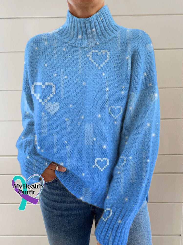Blue Heart Abstract Art Print Knit Turtleneck Pullover Sweater Multicolor / S