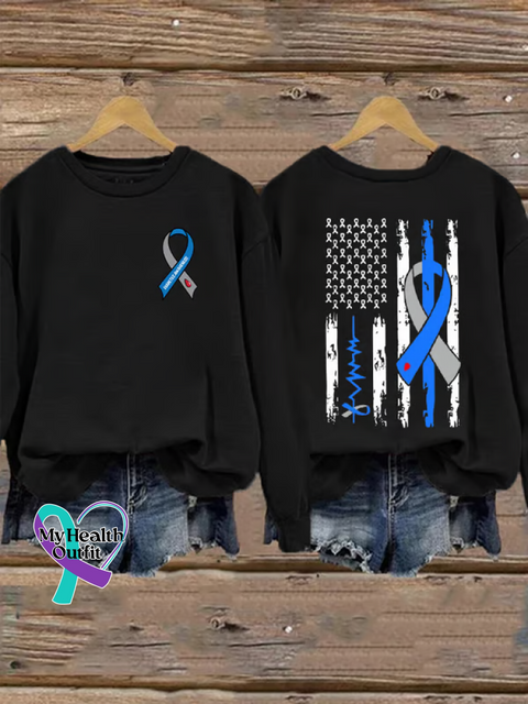 Blue Ribbon Flag Diabetes Awareness Print Casual Sweatshirt Black / S