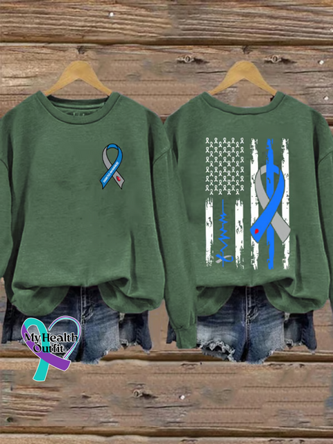 Blue Ribbon Flag Diabetes Awareness Print Casual Sweatshirt Green / S