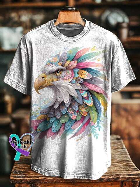 Bohemian Pattern Eagle Feather Print Casual Round Neck Short Sleeve T-Shirt Multicolor / S