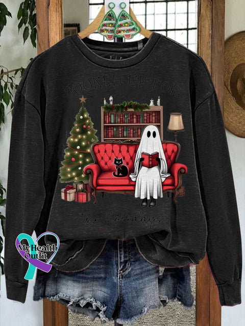 Booked Up For The Holidays Christmas Book Ghost Casual Sweatshirt Black / S