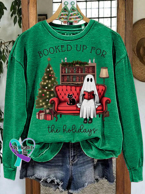Booked Up For The Holidays Christmas Book Ghost Casual Sweatshirt Green / S
