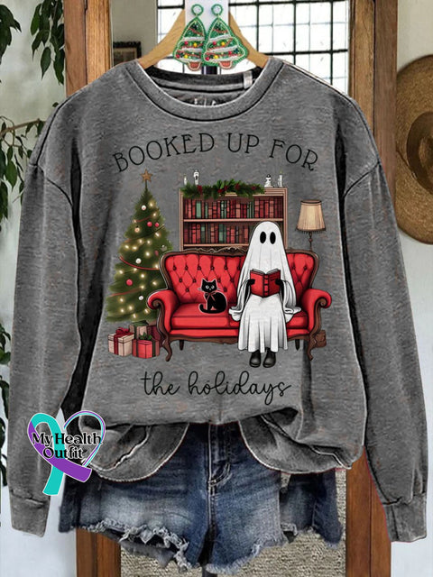 Booked Up For The Holidays Christmas Book Ghost Casual Sweatshirt Grey / S