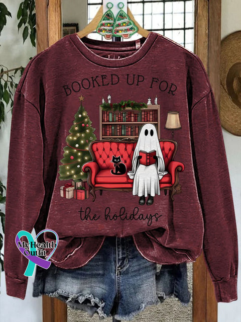 Booked Up For The Holidays Christmas Book Ghost Casual Sweatshirt Maroon / S