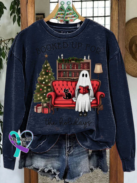 Booked Up For The Holidays Christmas Book Ghost Casual Sweatshirt Navyblue / S