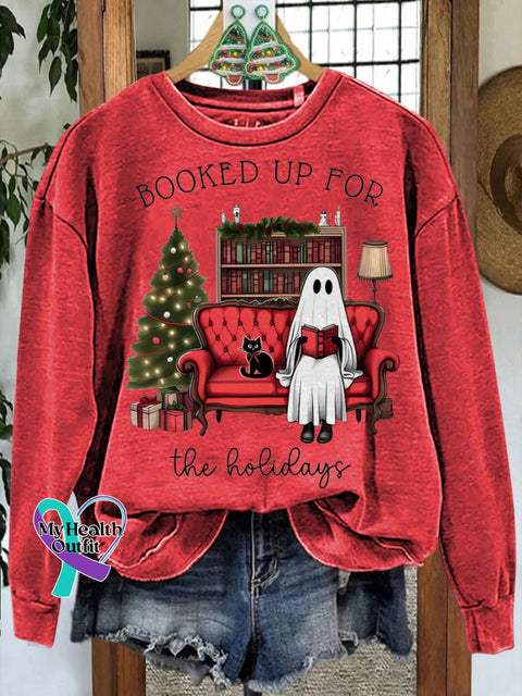 Booked Up For The Holidays Christmas Book Ghost Casual Sweatshirt Red / S