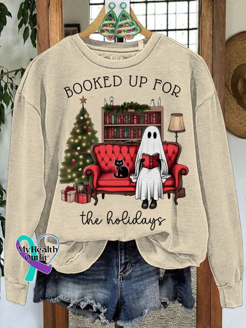 Booked Up For The Holidays Christmas Book Ghost Casual Sweatshirt Sand / S