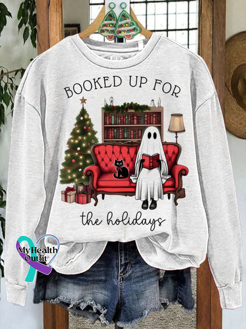 Booked Up For The Holidays Christmas Book Ghost Casual Sweatshirt White / S
