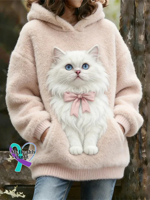 Bow Cat Design Cozy Plush Hoodie Sweatshirt Multicolor / S