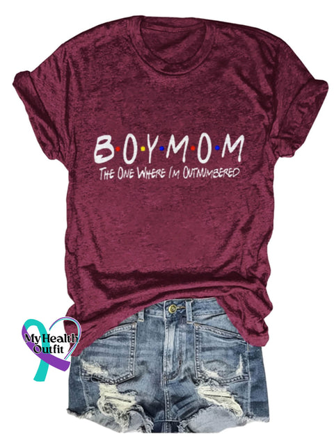 Boy Mom The One Where I’m Outmmbered Design Print T-Shirt Maroon / S