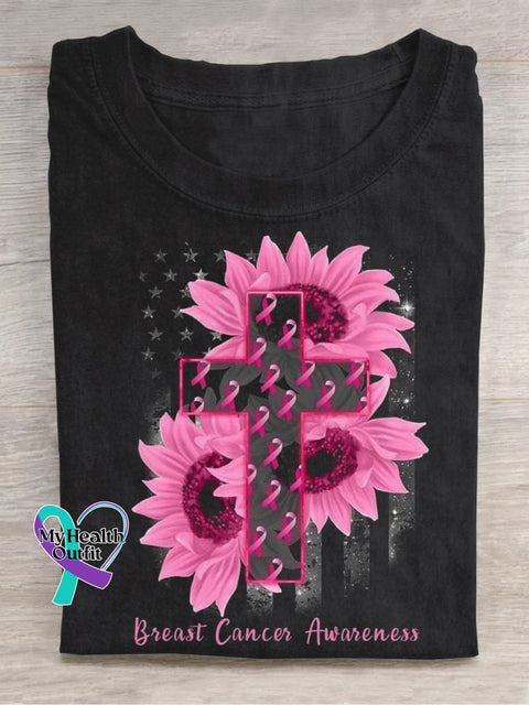 Breast Cancer Awareness American Flag Pink Ribbon Print Casual T-Shirt Black / S