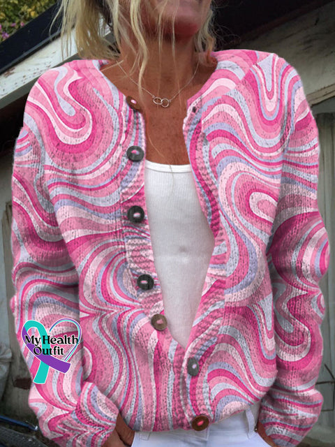 Print Art Breast Cancer Awareness Vintage Buttoned Cardigan Sweater Multicolor / S
