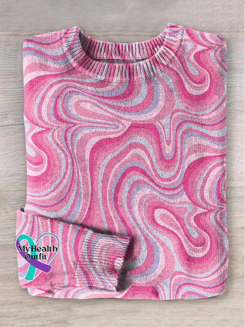 Women’s Pink Art Breast Cancer Awareness Vintage Casual Print Knit Pullover Sweater Multicolor / S