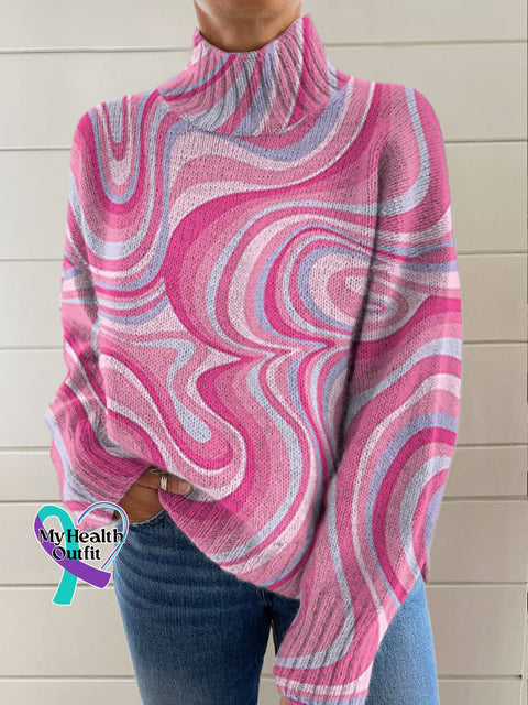 Woman’s Art Breast Cancer Awareness Vintage Print Knit Turtleneck Pullover Sweater Multicolor / S
