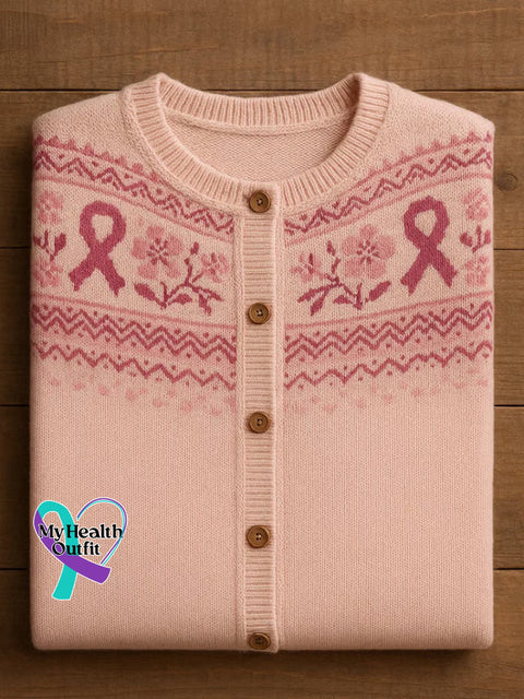 Breast Cancer Awareness Art Print Buttoned Cardigan Sweater Pink / S