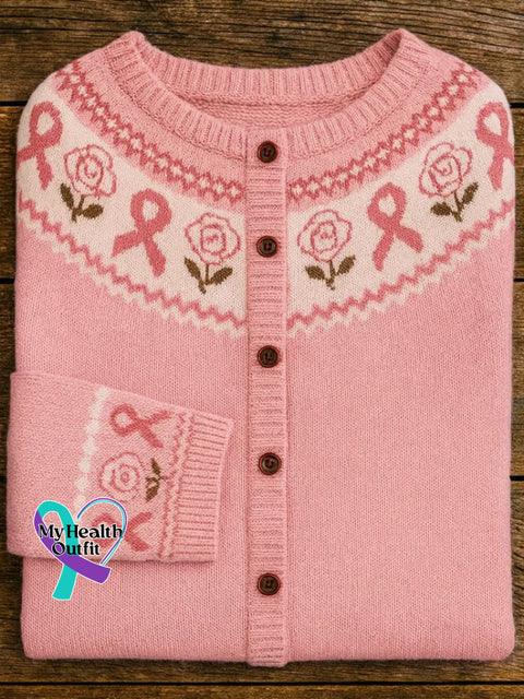 Breast Cancer Awareness Art Print Buttoned Cardigan Sweater Pink / S