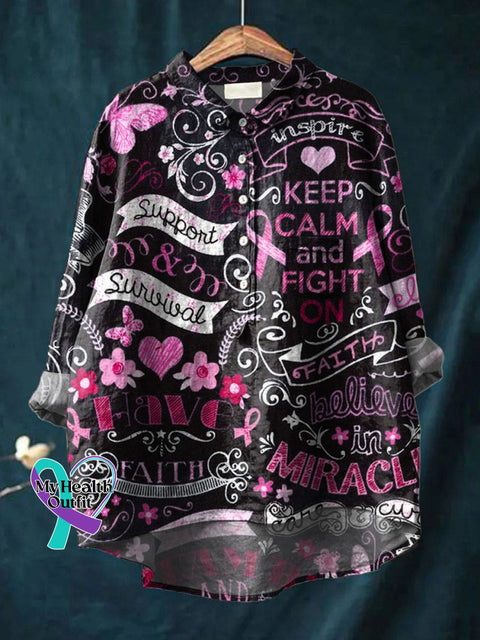 Breast Cancer Awareness Art Print Casual Cotton And Linen Shirt Multicolor / S