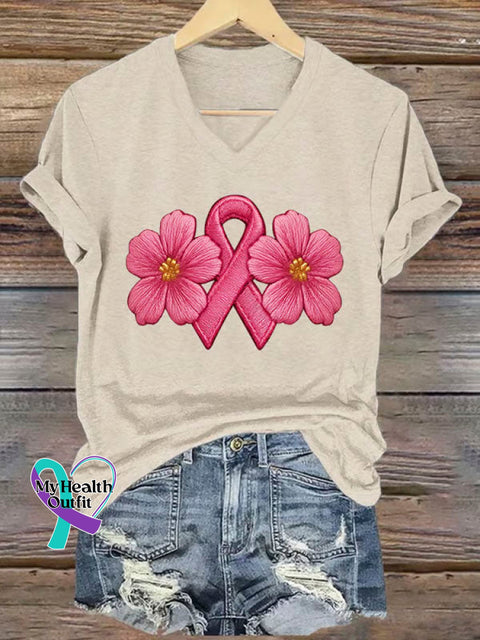Breast Cancer Awareness Art Print Casual V-neck Cotton T-Shirt Apricot / S