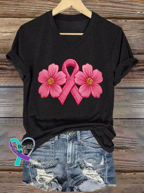 Breast Cancer Awareness Art Print Casual V-neck Cotton T-Shirt Black / S